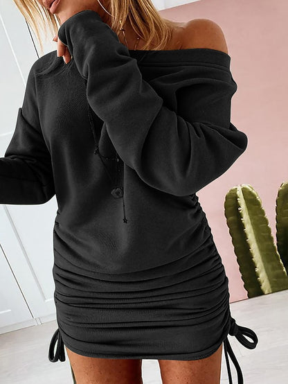 Women's Dress - Casual Dress Shift Dress Sheath Dress Mini Dress Black White Green Long Sleeve Pure Color Ruched Fall One Shoulder Elegant Winter Dress Fall Dress 2023 S M L XL