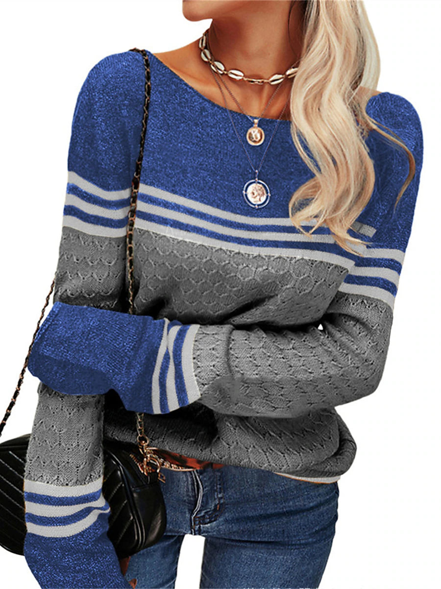 Women's Pullover Sweater Jumper Crew Neck Ribbed Knit Acrylic Patchwork Fall Winter Regular Outdoor Daily Going out Stylish Casual Soft Long Sleeve Color Block Striped Black White Pink S M L