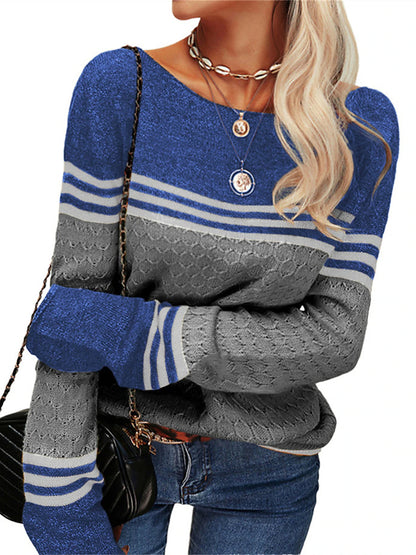 Women's Pullover Sweater Jumper Crew Neck Ribbed Knit Acrylic Patchwork Fall Winter Regular Outdoor Daily Going out Stylish Casual Soft Long Sleeve Color Block Striped Black White Pink S M L