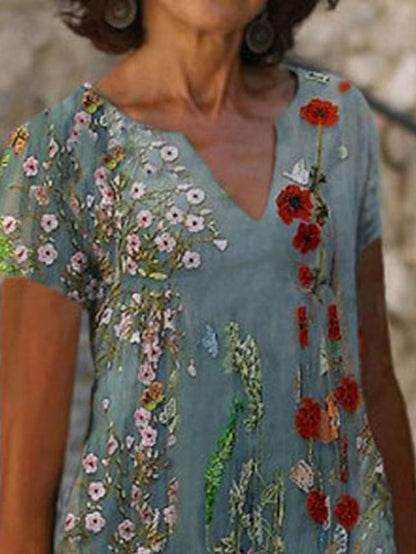Women's Dress - Casual Dress Shift Dress Midi Dress Green Khaki Short Sleeve Floral Print Summer Spring V Neck Fashion Vacation 2023 S M L XL XXL 3XL