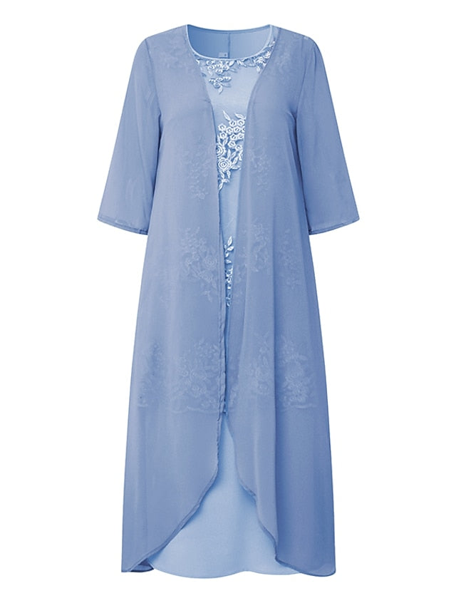 Women's Dress Set Lace Dress Midi Dress Light Blue Green Gray Half Sleeve Floral Embroidered Layered Patchwork Summer Spring Fall Crew Neck Elegant Chinoiserie 2023 M L XL XXL XXXL 4XL 5XL - LuckyFash™