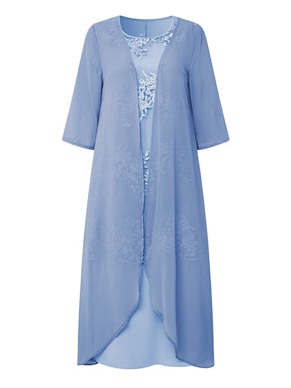 Women's Dress Set Lace Dress Midi Dress Light Blue Green Gray Half Sleeve Floral Embroidered Layered Patchwork Summer Spring Fall Crew Neck Elegant Chinoiserie 2023 M L XL XXL XXXL 4XL 5XL - LuckyFash™