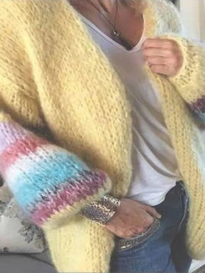 Women's Cardigan Sweater Open Front Ribbed Knit Acrylic Patchwork Fall Winter Long Daily Going out Weekend Stylish Casual Soft Long Sleeve Geometric Color Block Striped Yellow Light Green Pink S M L