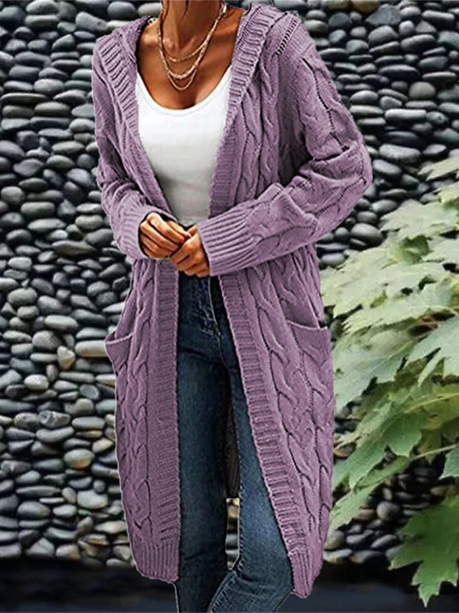 Women's Cardigan Hooded Cable Knit Polyester Pocket Knitted Fall Winter Regular Outdoor Daily Going out Fashion Streetwear Casual Long Sleeve Solid Color Wine Army Green Purple S M L