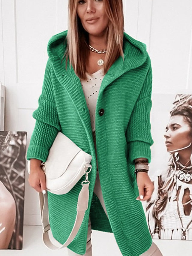 Women's Cardigan Sweater Jumper Knit Button Knitted Solid Color Hooded Stylish Casual Daily Weekend Winter Fall Green Pink S M L / Long Sleeve / Regular Fit