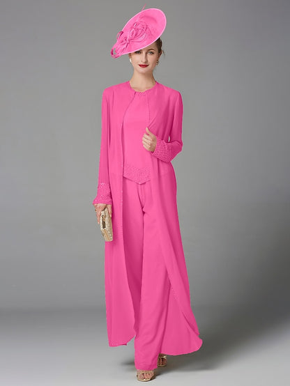 Jumpsuit / Pantsuit 3 Piece Mother of the Bride Dress Formal Plus Size Elegant Wrap Included Bateau Neck Floor Length Chiffon Sleeveless with Beading Appliques 2023 - LuckyFash™