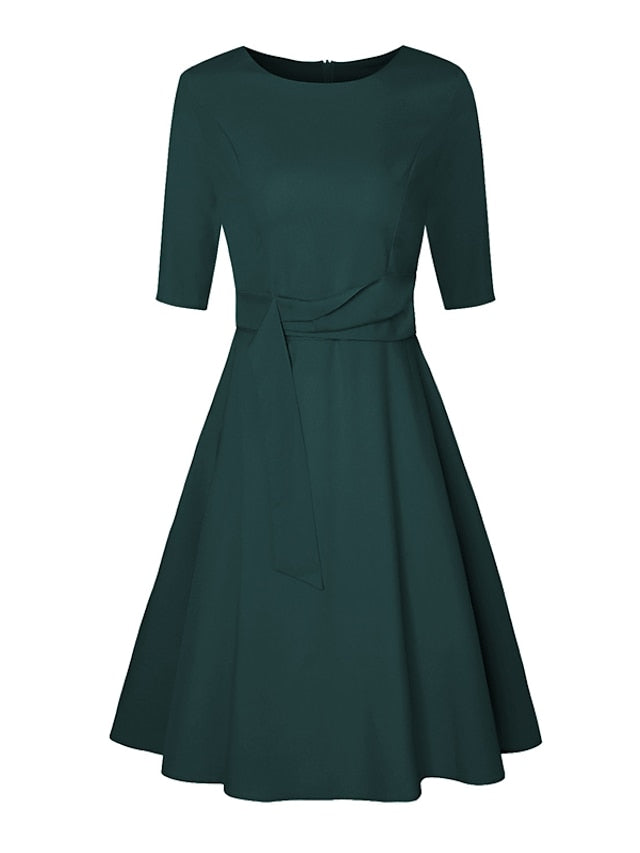 Women's Dress - Wedding Guest Dress Swing Dress A Line Dress Midi Dress Navy Blue Green Beige Half Sleeve Pure Color Lace up Summer Spring Crew Neck Work Party Vacation 2023 S M L XL XXL