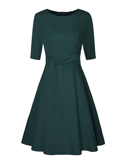 Women's Dress - Wedding Guest Dress Swing Dress A Line Dress Midi Dress Navy Blue Green Beige Half Sleeve Pure Color Lace up Summer Spring Crew Neck Work Party Vacation 2023 S M L XL XXL