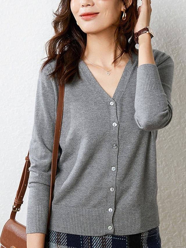 Women's Cardigan Sweater V Neck Ribbed Knit Polyester Button Fall Winter Short Daily Going out Weekend Stylish Casual Soft Long Sleeve Solid Color Haze blue Black White S M L