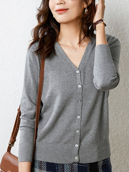 Women's Cardigan Sweater V Neck Ribbed Knit Polyester Button Fall Winter Short Daily Going out Weekend Stylish Casual Soft Long Sleeve Solid Color Haze blue Black White S M L