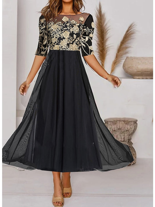 Women's Dress - Casual Dress Wedding Guest Dress Swing Dress Midi Dress Black Half Sleeve Floral Print Summer Spring Crew Neck Modern Wedding Guest 2023 S M L XL XXL 3XL