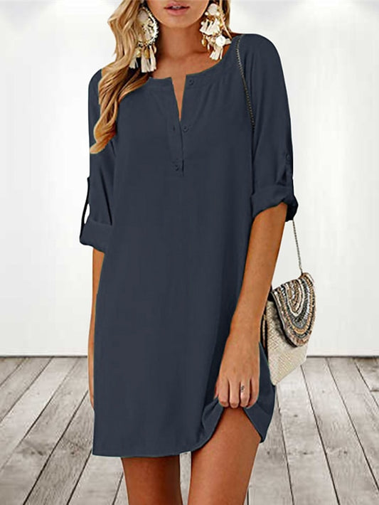 Women's Dress - Cotton Linen Dress T Shirt Dress Tee Dress Shift Dress Mini Dress Linen Cotton Blend Stylish Basic Outdoor Daily Holiday Split Neck Ruched Half Sleeve Summer Spring 2023 Regular Fit Black