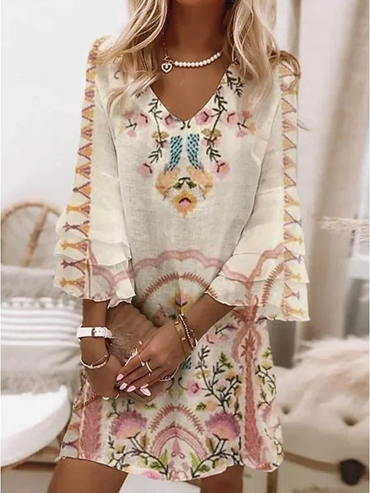 Women's Dress - Casual Dress Mini Dress Beige 3/4 Length Sleeve Floral Ruched Summer Spring V Neck Casual 2023 S M L XL XXL 3XL