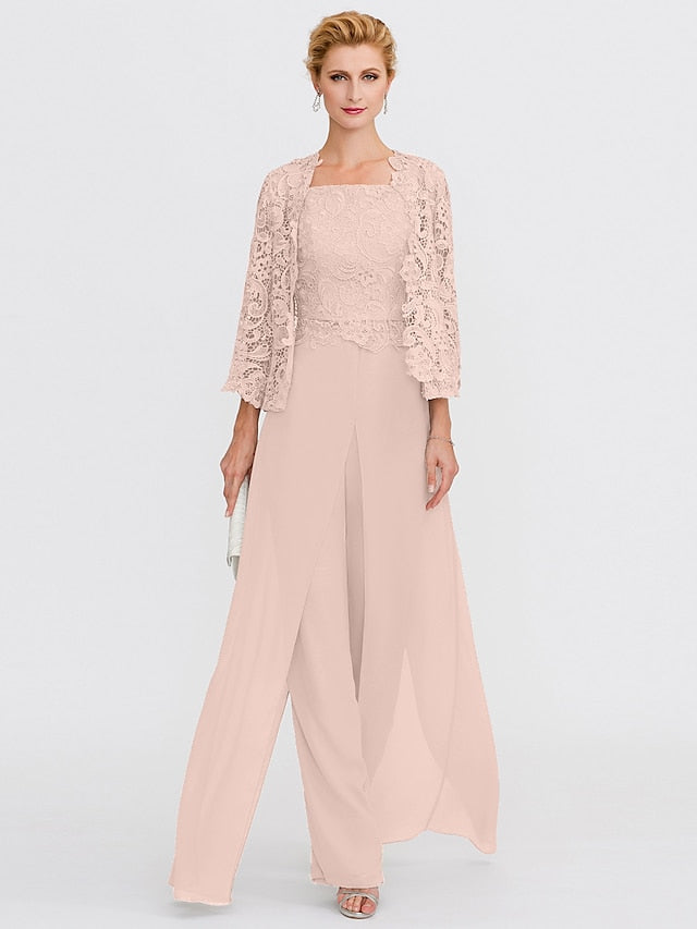 Jumpsuit / Pantsuit Mother of the Bride Dress Formal Plus Size Elegant Square Neck Floor Length Chiffon Corded Lace Sleeveless Wrap Included with Lace Appliques 2023 - LuckyFash™