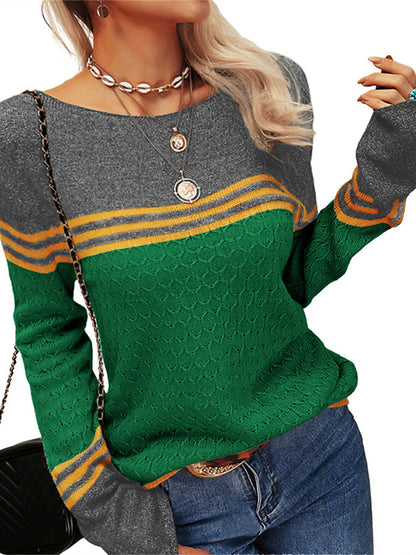 Women's Pullover Sweater Jumper Crew Neck Ribbed Knit Acrylic Patchwork Fall Winter Regular Outdoor Daily Going out Stylish Casual Soft Long Sleeve Color Block Striped Black White Pink S M L