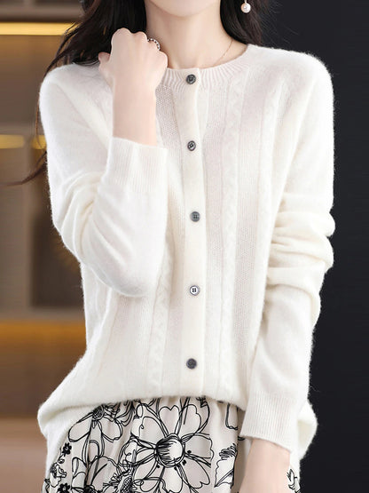 Women's Cardigan Sweater Jacket Crew Neck Cable Knit Polyester Button Knitted Fall Winter Regular Outdoor Daily Going out Streetwear Stylish Casual Long Sleeve Pure Color White Brown Apricot S M L