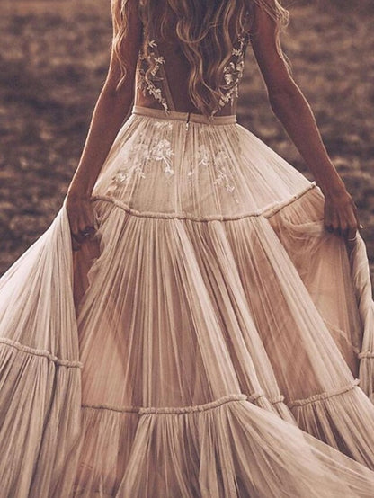 Beach Sexy Boho Wedding Dresses A-Line V Neck Sleeveless Floor Length Tulle Bridal Gowns With Appliques 2023 Summer Wedding Party, Women's Clothing - LuckyFash™