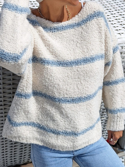 Women's Pullover Sweater Jumper Crew Neck Fuzzy Knit Cotton Blend Oversized Fall Winter Regular Daily Going out Stylish Casual Soft Long Sleeve Striped White / Black Light Blue S M L
