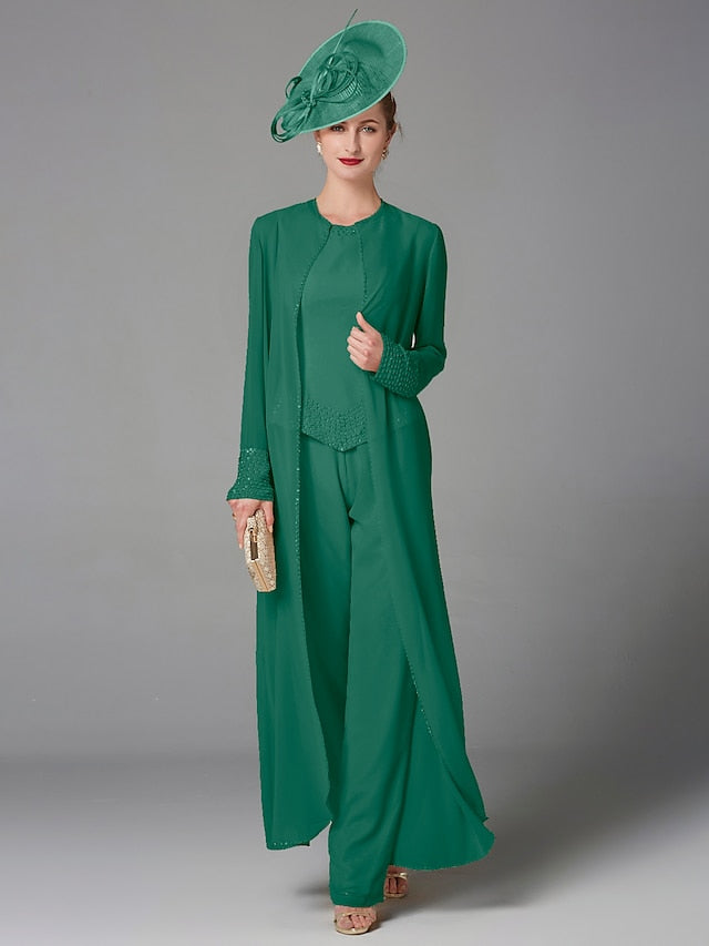 Jumpsuit / Pantsuit 3 Piece Mother of the Bride Dress Formal Plus Size Elegant Wrap Included Bateau Neck Floor Length Chiffon Sleeveless with Beading Appliques 2023 - LuckyFash™