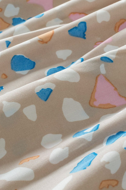 Khaki Abstract Print Crisscross V Neck Ruffle Sleeve Flowy Blouse