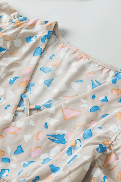 Khaki Abstract Print Crisscross V Neck Ruffle Sleeve Flowy Blouse