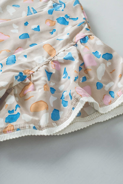 Khaki Abstract Print Crisscross V Neck Ruffle Sleeve Flowy Blouse