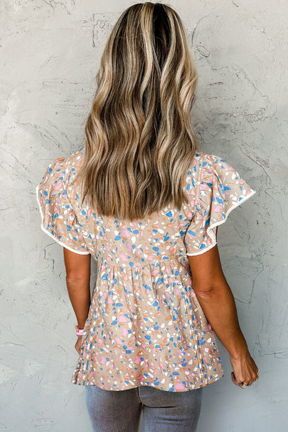 Khaki Abstract Print Crisscross V Neck Ruffle Sleeve Flowy Blouse