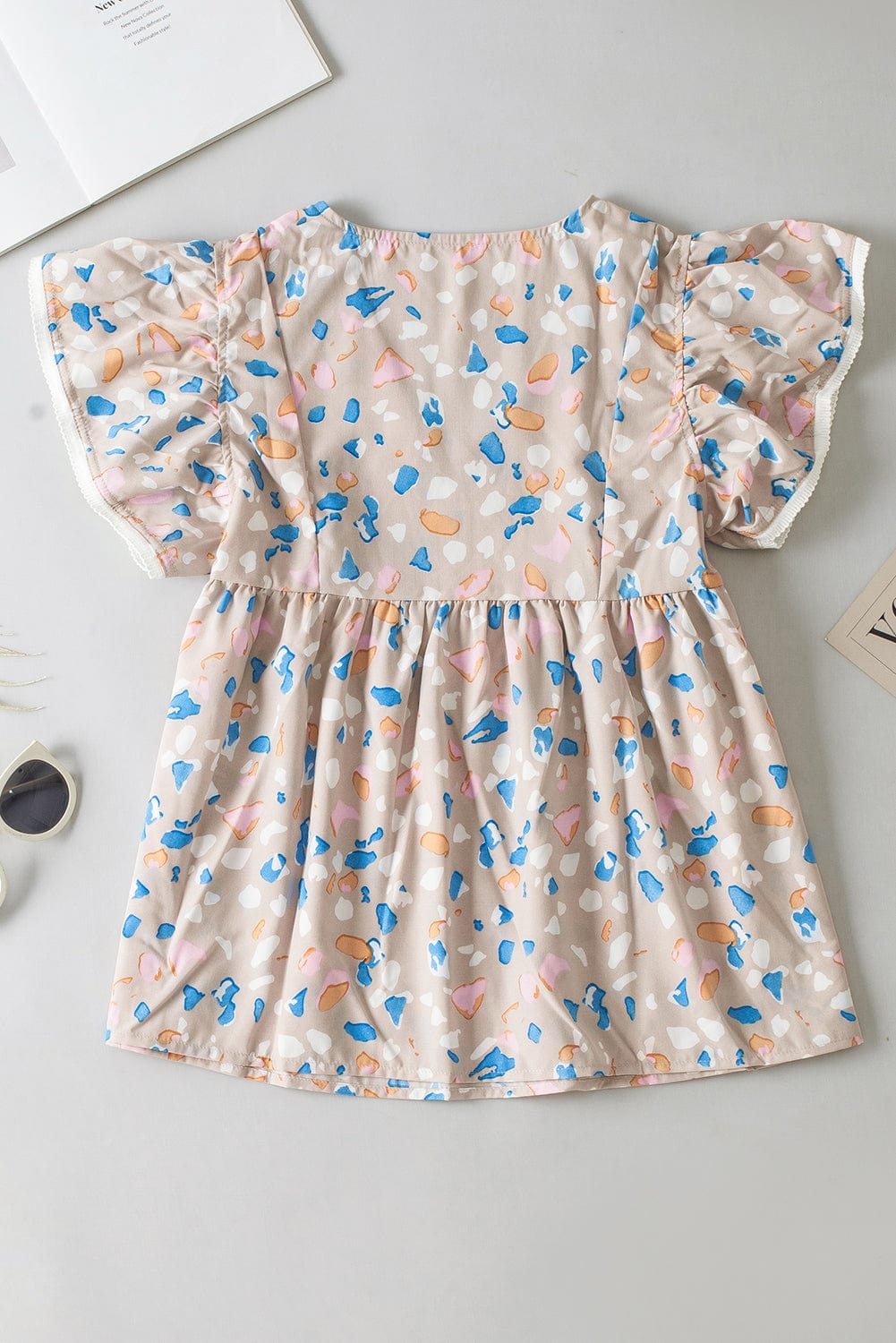 Khaki Abstract Print Crisscross V Neck Ruffle Sleeve Flowy Blouse