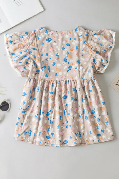 Khaki Abstract Print Crisscross V Neck Ruffle Sleeve Flowy Blouse