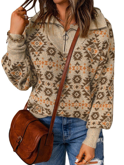 Khaki Aztec Knit Zip-Up Drop Shoulder Sweater