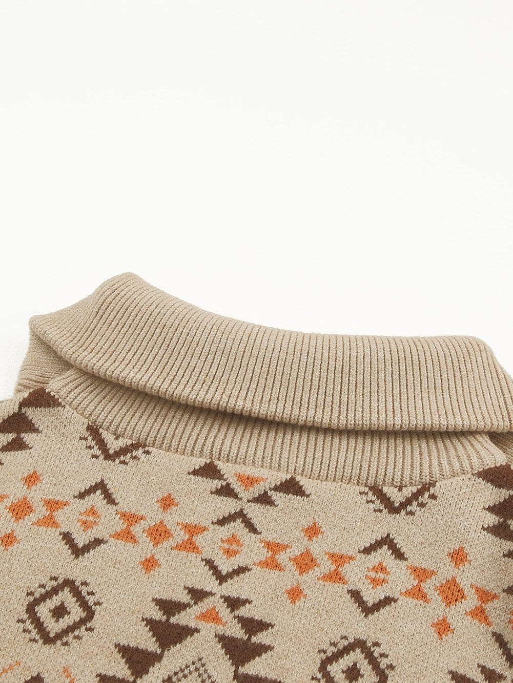 Khaki Aztec Knit Zip-Up Drop Shoulder Sweater
