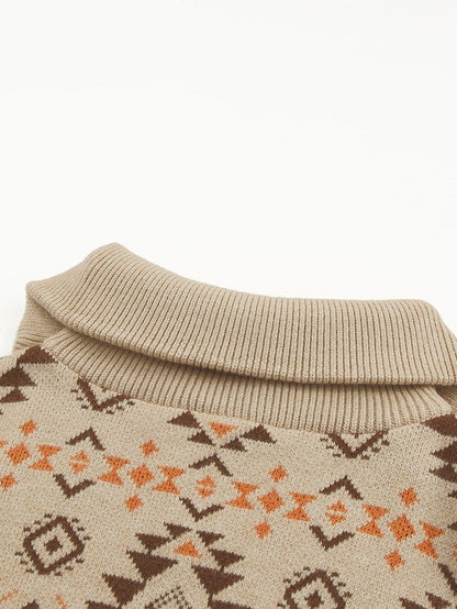 Khaki Aztec Knit Zip-Up Drop Shoulder Sweater