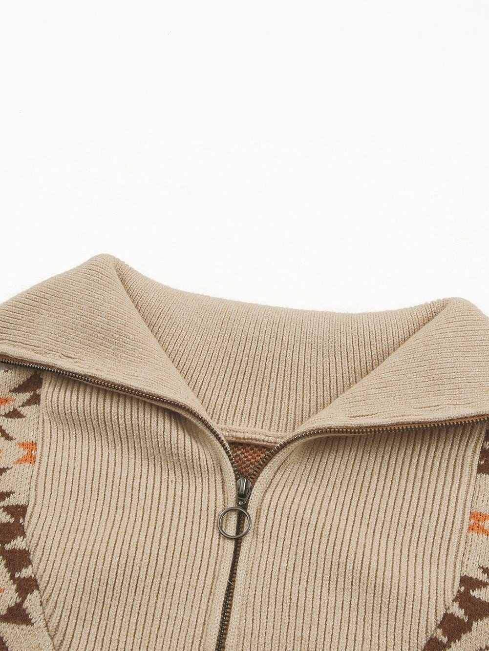 Khaki Aztec Knit Zip-Up Drop Shoulder Sweater