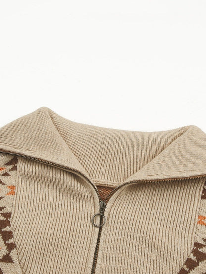Khaki Aztec Knit Zip-Up Drop Shoulder Sweater