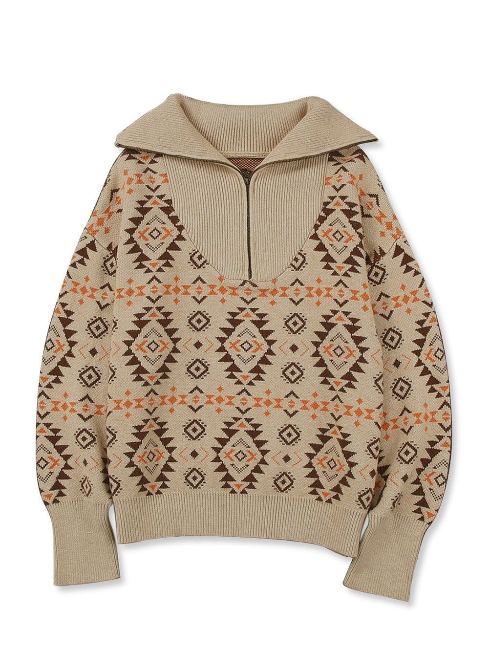 Khaki Aztec Knit Zip-Up Drop Shoulder Sweater