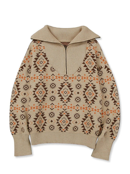 Khaki Aztec Knit Zip-Up Drop Shoulder Sweater
