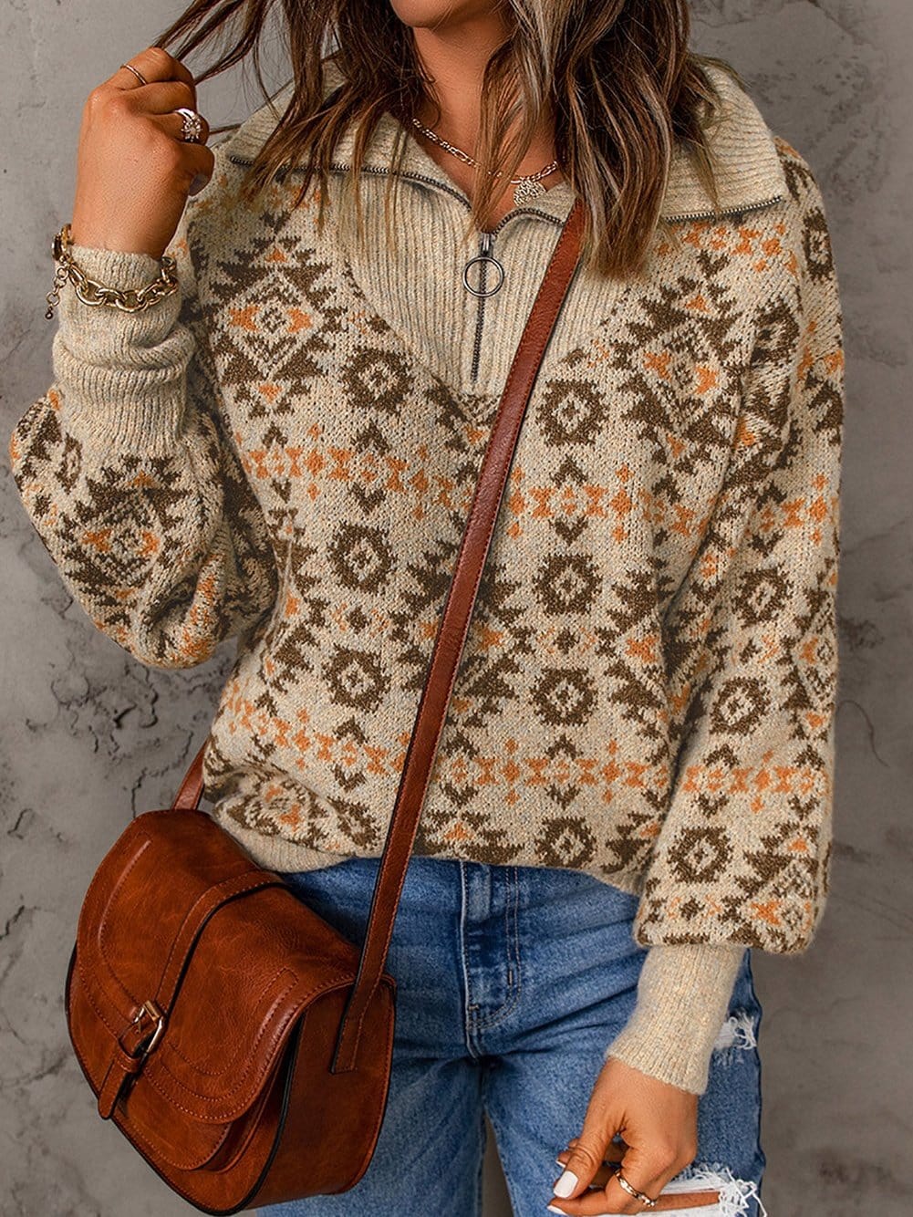 Khaki Aztec Knit Zip-Up Drop Shoulder Sweater