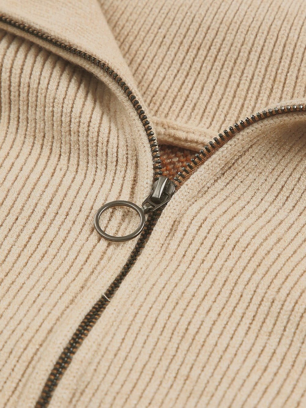 Khaki Aztec Knit Zip-Up Drop Shoulder Sweater