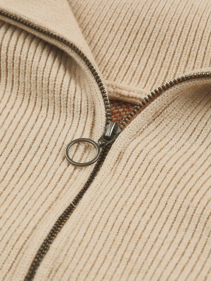 Khaki Aztec Knit Zip-Up Drop Shoulder Sweater