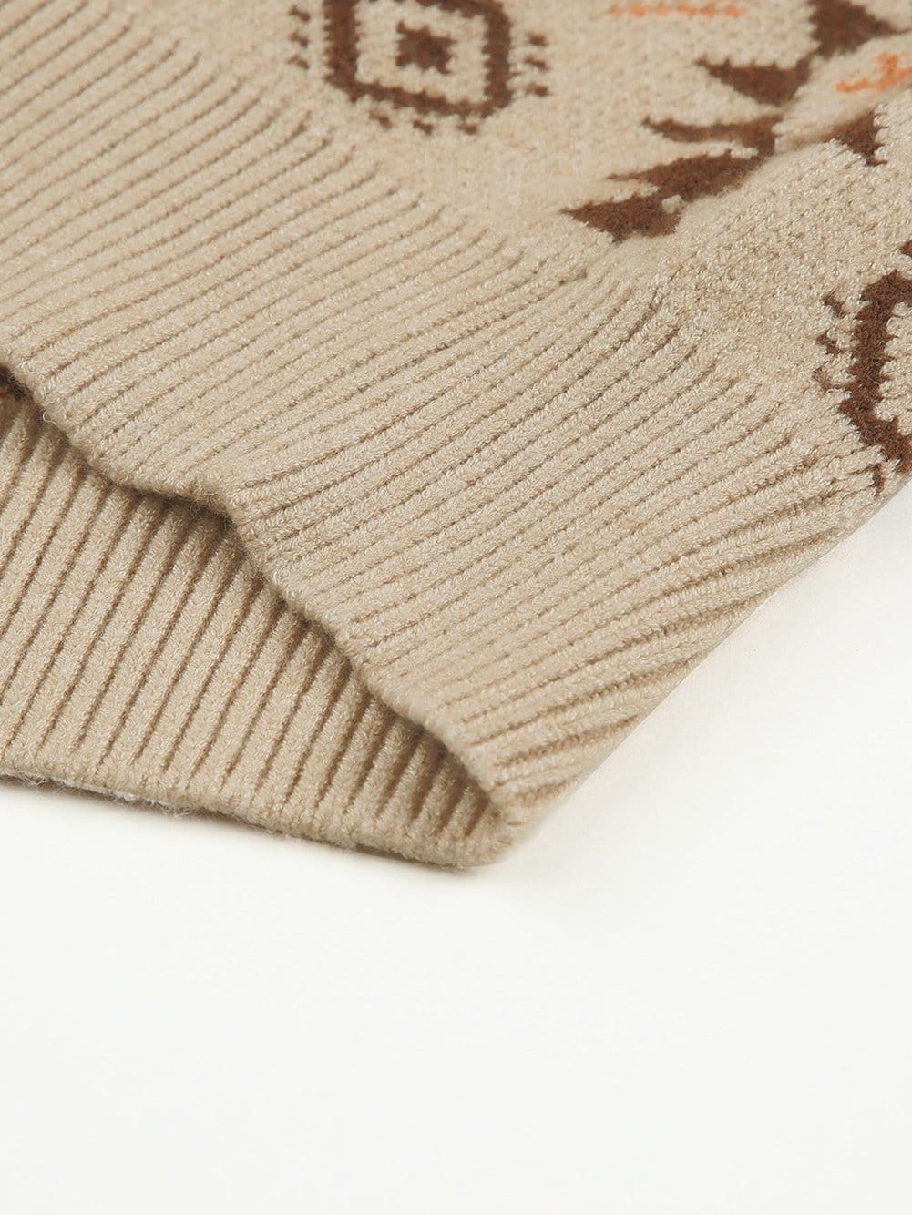 Khaki Aztec Knit Zip-Up Drop Shoulder Sweater