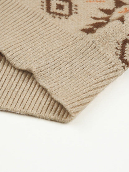 Khaki Aztec Knit Zip-Up Drop Shoulder Sweater