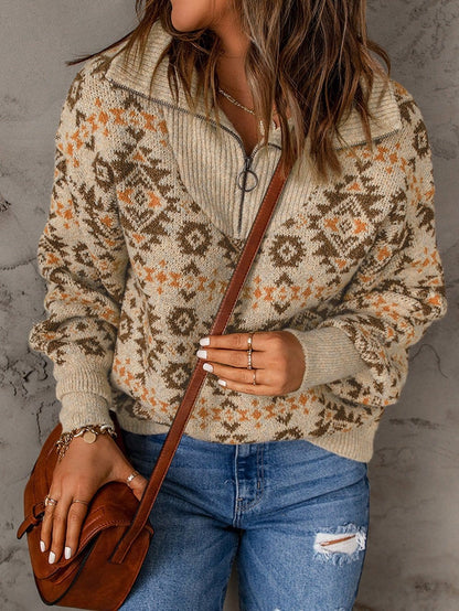 Khaki Aztec Knit Zip-Up Drop Shoulder Sweater