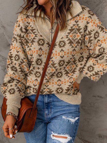 Khaki Aztec Knit Zip-Up Drop Shoulder Sweater