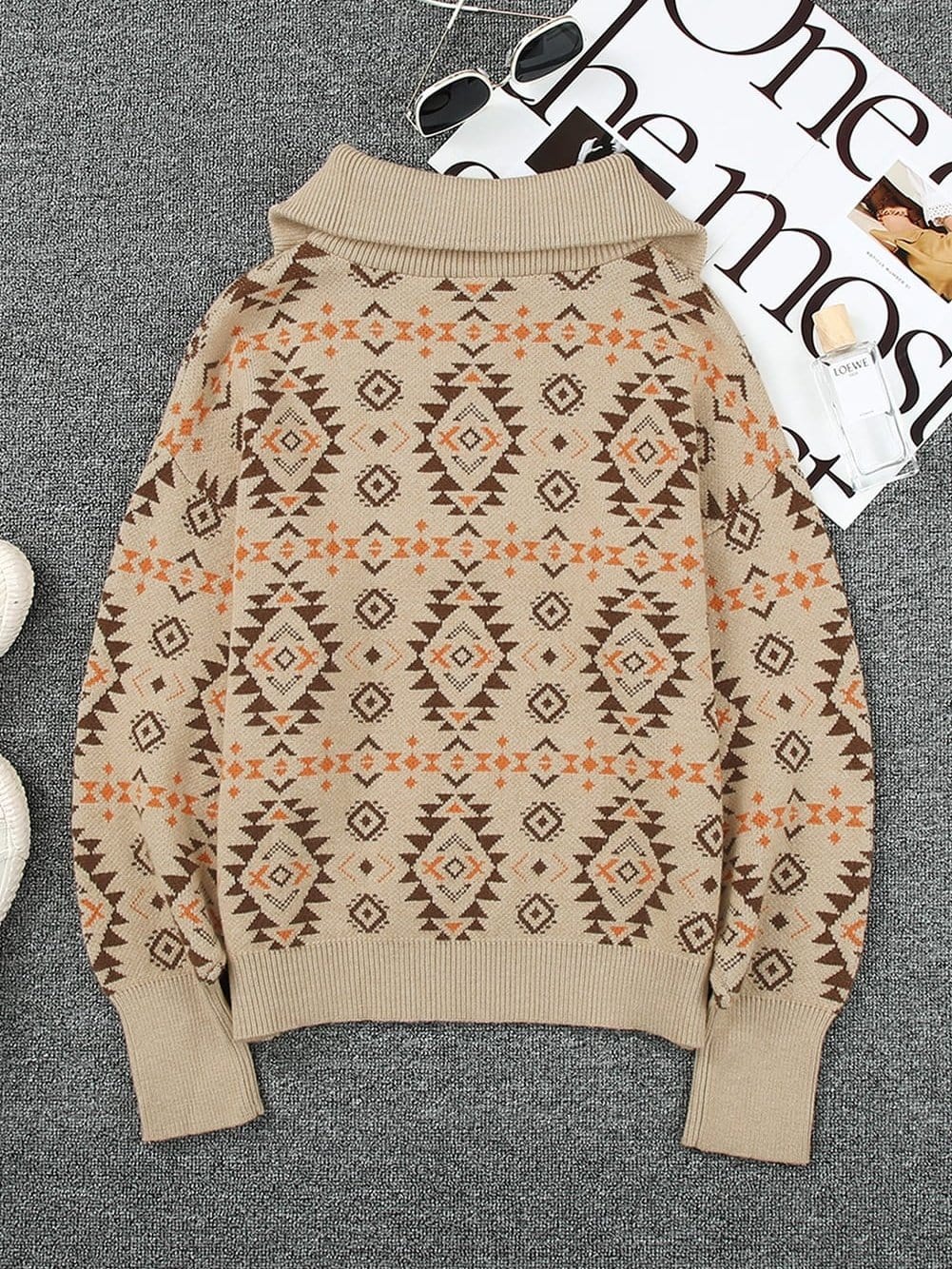 Khaki Aztec Knit Zip-Up Drop Shoulder Sweater