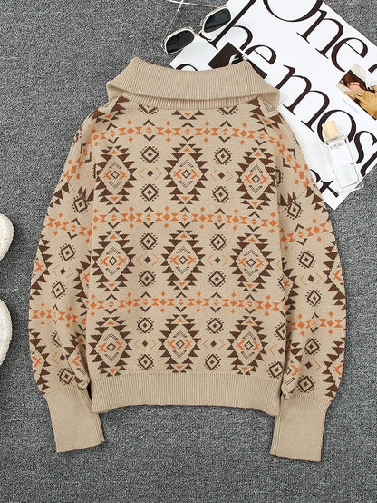 Khaki Aztec Knit Zip-Up Drop Shoulder Sweater