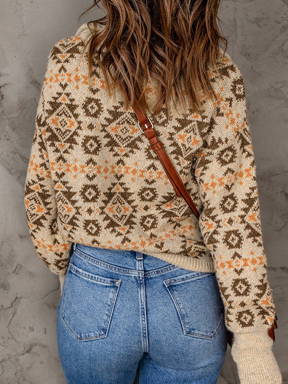 Khaki Aztec Knit Zip-Up Drop Shoulder Sweater