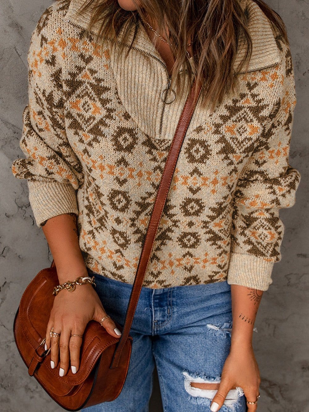 Khaki Aztec Knit Zip-Up Drop Shoulder Sweater