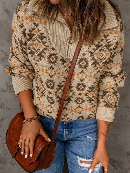 Khaki Aztec Knit Zip-Up Drop Shoulder Sweater