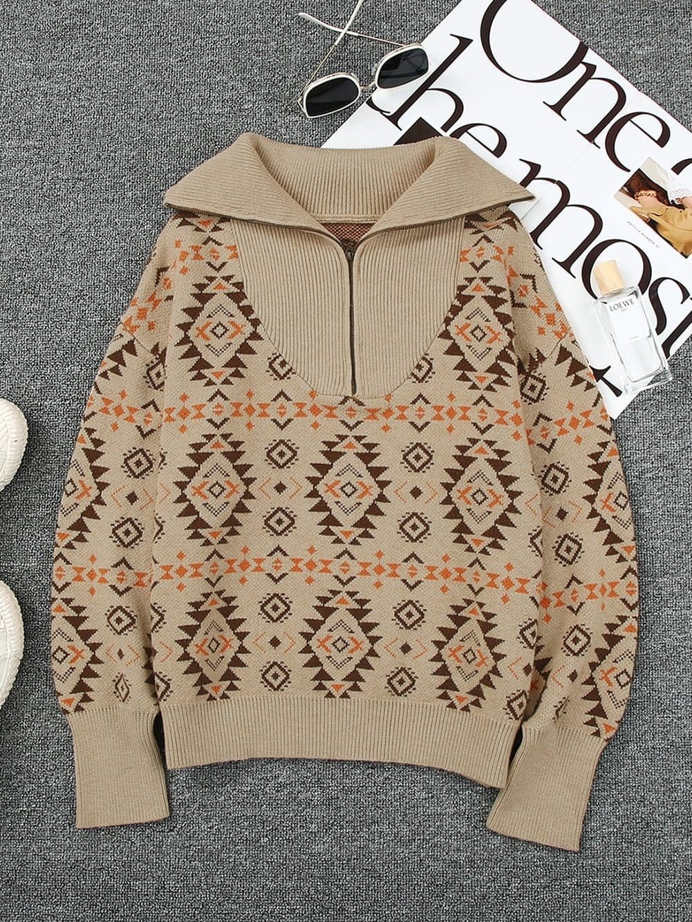 Khaki Aztec Knit Zip-Up Drop Shoulder Sweater