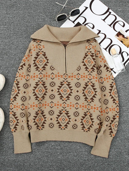 Khaki Aztec Knit Zip-Up Drop Shoulder Sweater